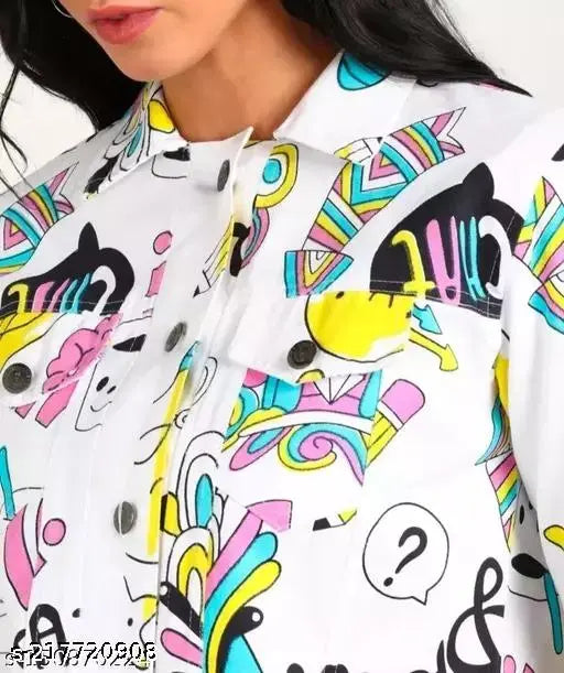 Trendy denim twill-printed jacket for girls and women, long-sleeved, vibrant design, size S (bust 34in, length 18in), made in India