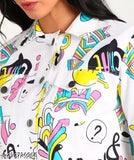 Trendy denim twill-printed jacket for girls and women, long-sleeved, vibrant design, size S (bust 34in, length 18in), made in India