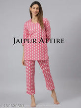 Pink pure cotton printed nightsuit, JAIPUR ATTIRE women's set with three-quarter sleeves and high-low hem, made in India