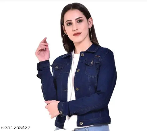 Dark blue denim long-sleeve jacket for women, stylish solid design, size S (36in bust, 20in length)