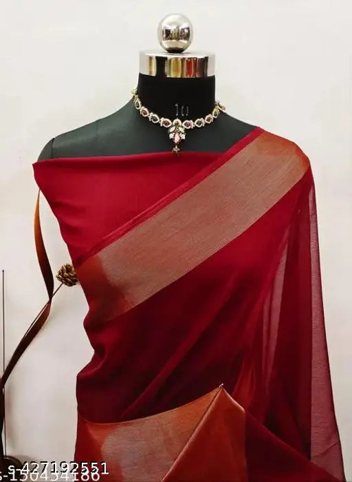Maroon chiffon sari with solid pattern, South Indian style by Shree Hans Fashion
