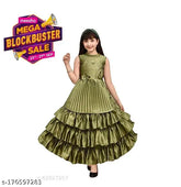 Green solid silk blend sleeveless girls' full length party gown, ideal for celebrations and functions