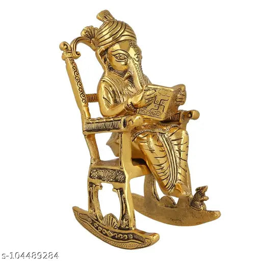 Brass Ganesha figurine reading Ramayan, traditional Indian decorative showpiece with sitting Ganesh idol (0.5ft L x 0.5ft W x 0.5ft H)