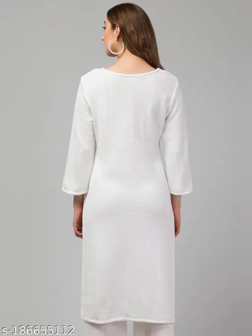 White woollen embroidered kurti for women, three-quarter sleeves, vibrant colors, Indian origin