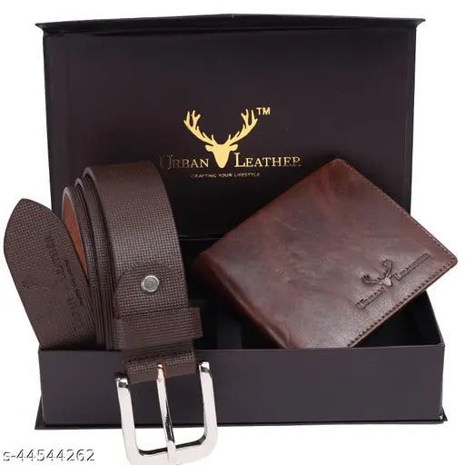 Brown genuine leather wallet and belt combo set for men, 100% genuine leather with bi-fold design, RFID protection, slim fit for pockets