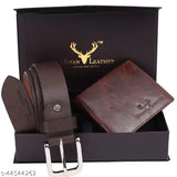 Brown genuine leather wallet and belt combo set for men, 100% genuine leather with bi-fold design, RFID protection, slim fit for pockets