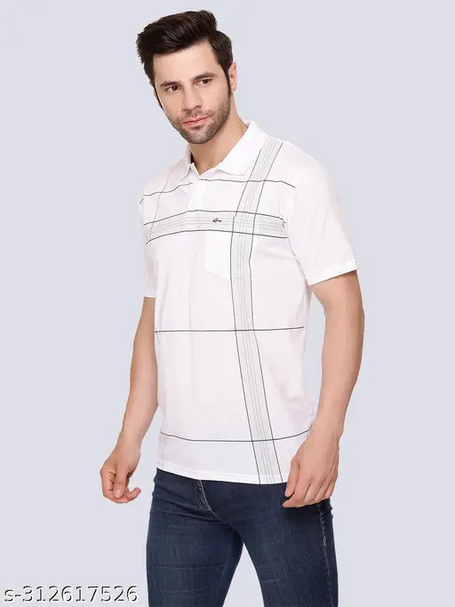 Cotton blend striped polo t-shirt, checkered pattern, men's large, Indian-made fashion