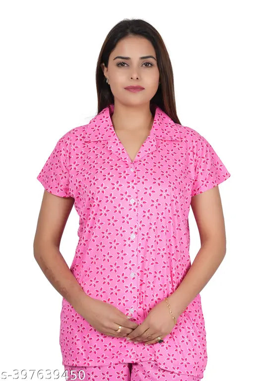 RILO Women's cotton hosiery night suit top & pyjama set with pocket, printed net design, comfortable & stylish bedroom wear (L: 38-27-34, XL: 40-29-36, XXL: 44-30-38)