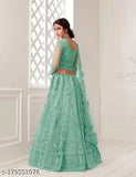 Fashionable free-size net lehenga with embroidered top and dupatta from India