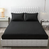 Premium glace cotton dark grey/black stripe fitted bedsheet & 2 pillow covers, breathable, wrinkle-free, and hypoallergenic. Ideal for summer use at home or hotels
