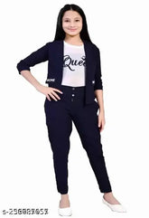 Navy blue cotton blend dress set for girls, aged 4-15 years: includes casual dress, printed t-shirt, and full-length stretch pants. Trendy fashion mix for parties and everyday wear; origin India