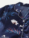 Stretchable silk blend print collared night suit coord set (shirt & shorts), wearable in summers, winter monsoons for women and girls