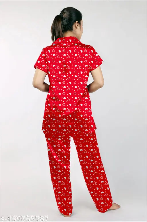 Women's printed collar night suit set of 3 - stylish satin pyjamas with short sleeves and intricate patterns, packaged in India