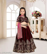 Art Silk and Jacquard woven girls' lehenga choli set, vibrant Indian festive wear with short sleeves and matching dupatta