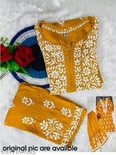 SLUB Rayon solid Chikankari printed net kurta with skirt, three-quarter sleeves - Indian fashion