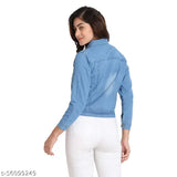 Blue denim full sleeve jacket for women, classic & elegant design with two side pockets, India origin