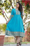 Trandy sky blue A-Line rayon kurti with three-quarter sleeves, solid combo design, Indian origin