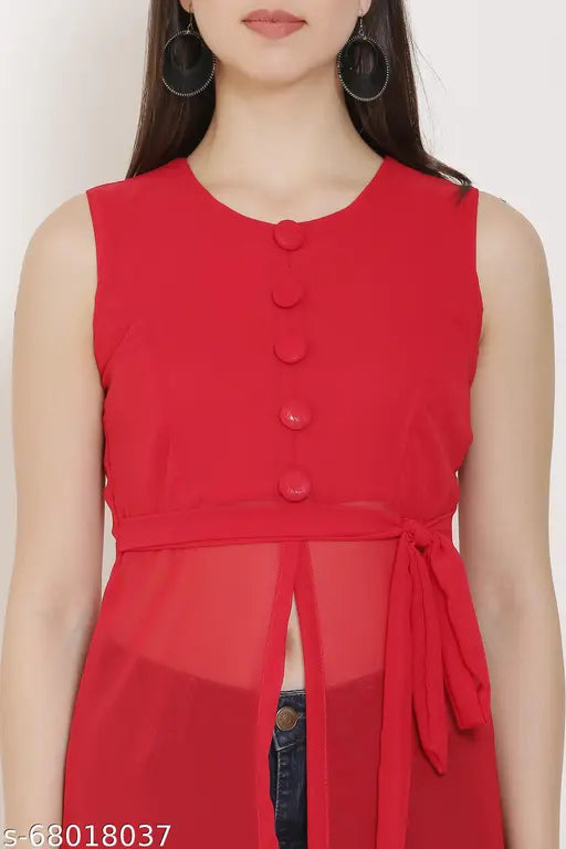 Georgette sleeveless women's casual kurti, vibrant solid-colored Indian fashion for everyday wear