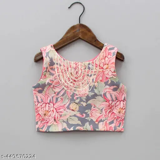 Crepe and dupion silk girls lehenga choli set, sleeveless with floral printed lehenga and matching net dupatta. Perfect for traditional Indian events or weddings