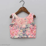 Crepe and dupion silk girls lehenga choli set, sleeveless with floral printed lehenga and matching net dupatta. Perfect for traditional Indian events or weddings