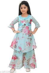 Girls' Festive A-Line Satin Kurta with Palazzo Pants, printed in satin for ages 2 to 12. Elegant party outfit without dupatta, made in India