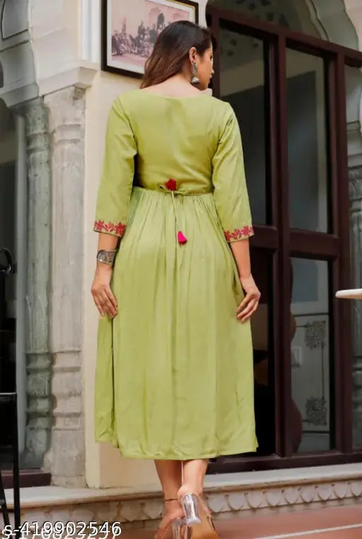 Green rayon embroidered gown with three-quarter sleeves, Indian handloom fashion