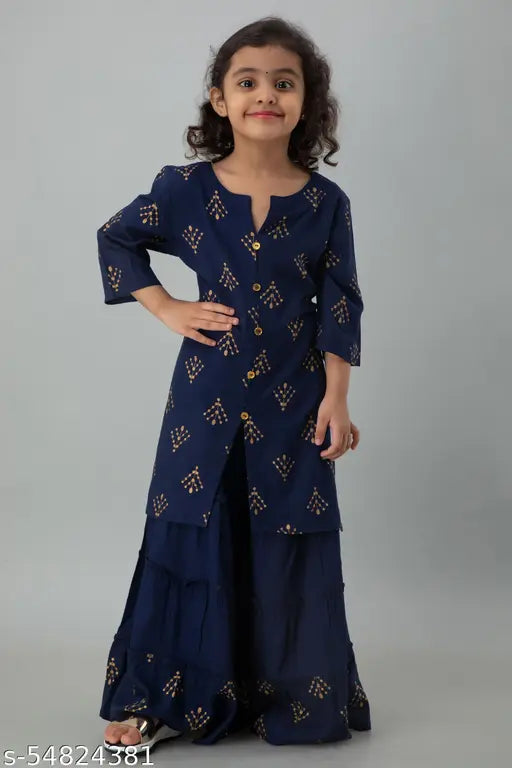 Kids rayon A-line kurta sharara set with printed pattern, three-quarter sleeves, suitable for 5-6, 6-7, 7-8, and 8-9 years old