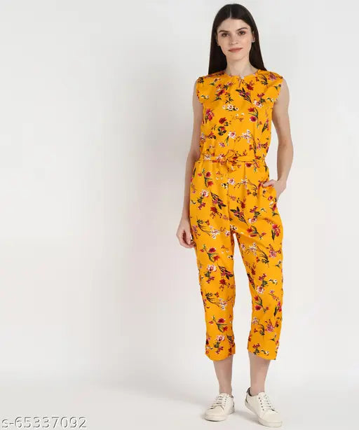 Printed crepe sleeveless jumpsuit for women, vibrant Indian pattern and N size