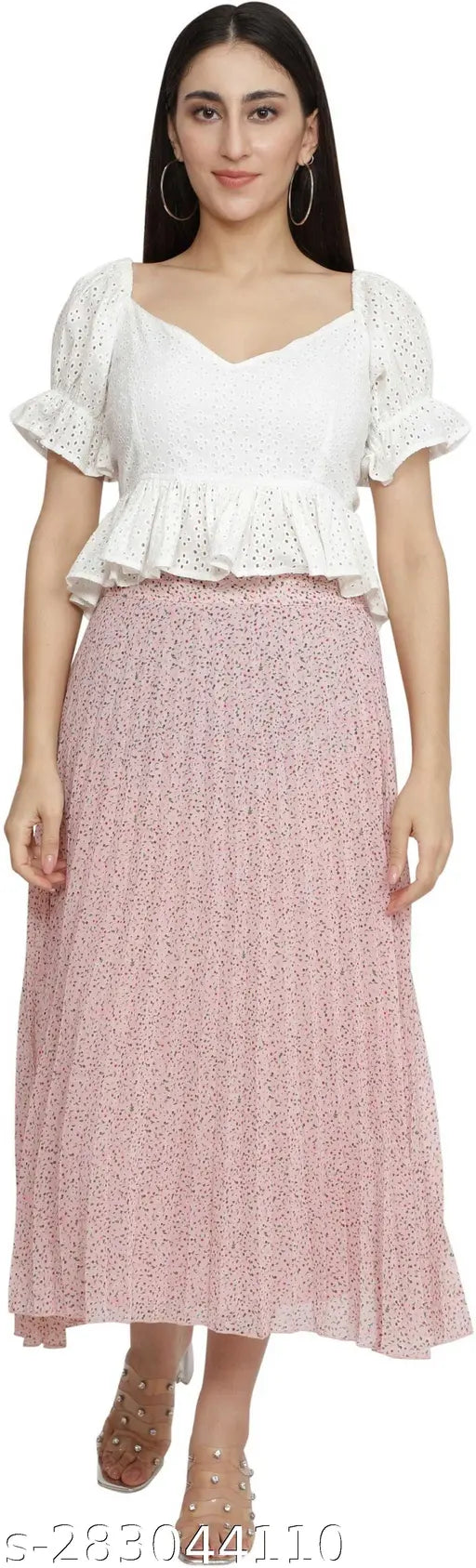 Midi-Flower Pink Print Crepe dress, printed net fabric, size 28-Free, India origin