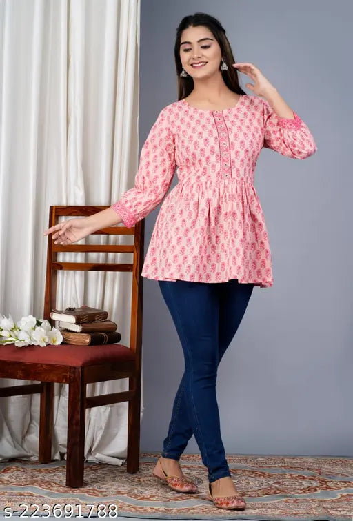 Stylish cotton flower print tops - Three-quarter sleeves, 100% cotton, soft & breathable, suitable for parties, weddings, festivals, traditional wear. Made in India