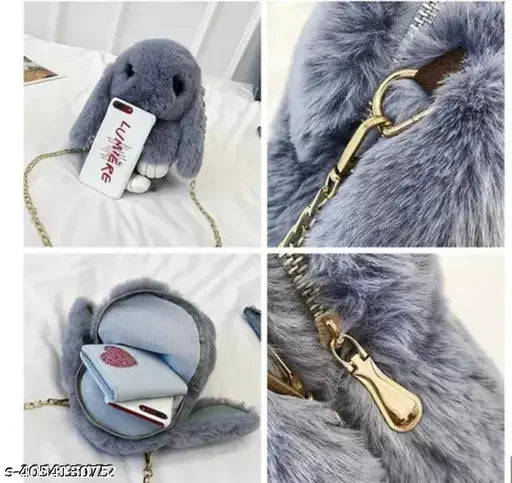 Synthetic, fluffy bunny sling bag with chain and smooth zipper. Solid net, free size, travel-friendly design for girls under 100, India origin
