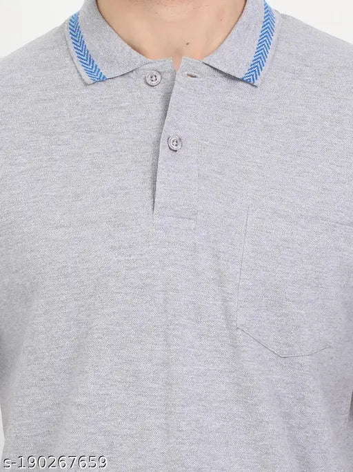 Grey cotton short-sleeve solid polo t-shirt for men, Masculino Latino brand, pocket detail, India origin