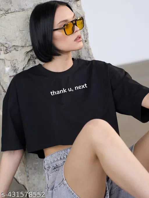 ThankUBlack cotton crop top, half sleeve and drop shoulder, round neck design, perfect for women's casual summer wear. S-XXL sizes available