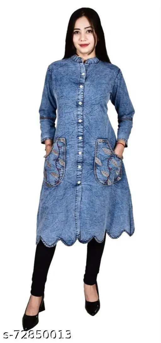 Denim A-line kurti for women, dyed/washed combo, three-quarter sleeves (L: Bust 40in, Length 47in), versatile for casual & festive wear