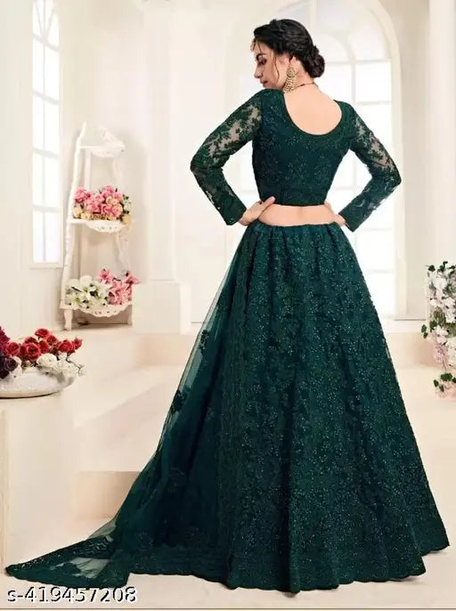 Fancy embroidered net lehenga set with choli and dupatta, free size, Indian origin