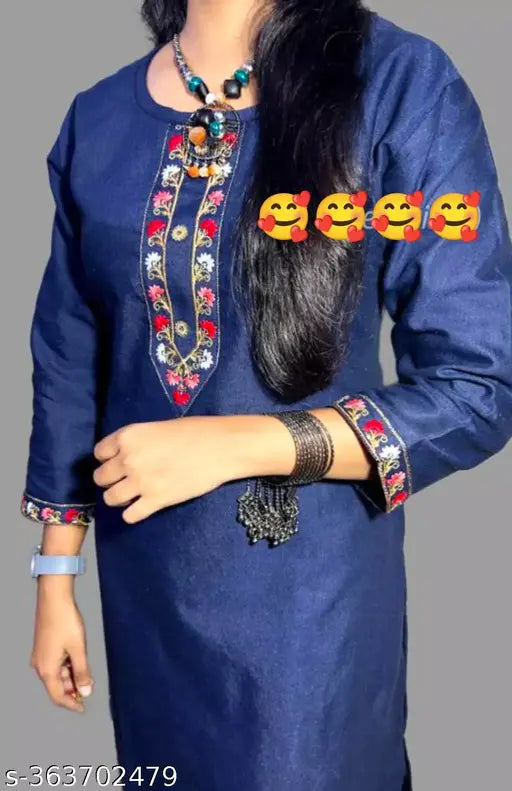 Fancy blue wollen embroidered kurti, three-quarter sleeves, perfect for winter. Stitched in India with impressive color and quality." (123 characters)