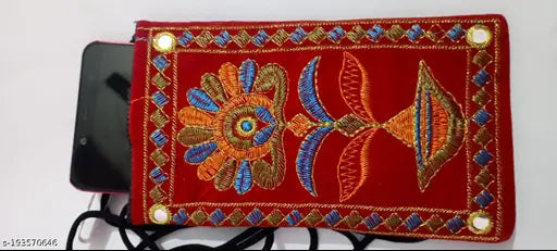 Bright PU Rajasthani purse for women. Embroidered net sling bag with 2 compartments, suitable for iPhone 7, iPhone Plus, and Samsung Galaxy S5/S4