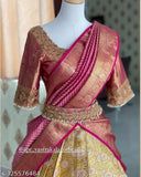Striped semi-stitched yellow lehenga choli with floral jacquard dupatta, ideal for formal events