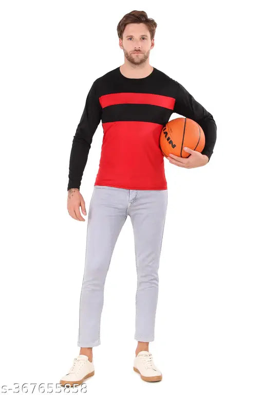 Stylish colorblocked polyester long sleeves men's T-shirts, premium fabrics, Indian origin (S:36in/25in, M:38in/26in, L:40in/27in, XL:42in/28in, XXL:44in/29in)