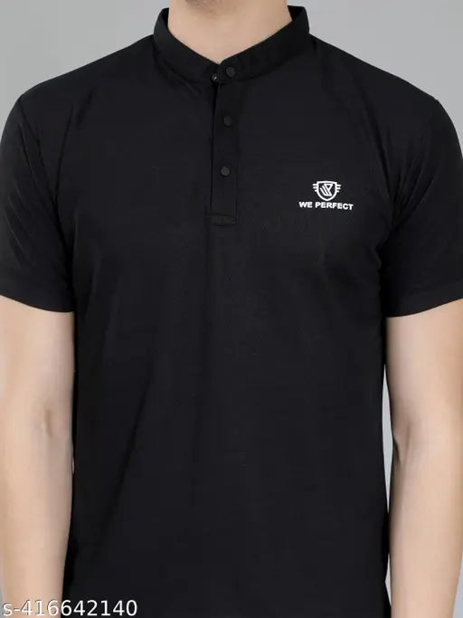 New trending men's high neck cotton blend half sleeve T-shirt, solid color, stylish wardrobe essential