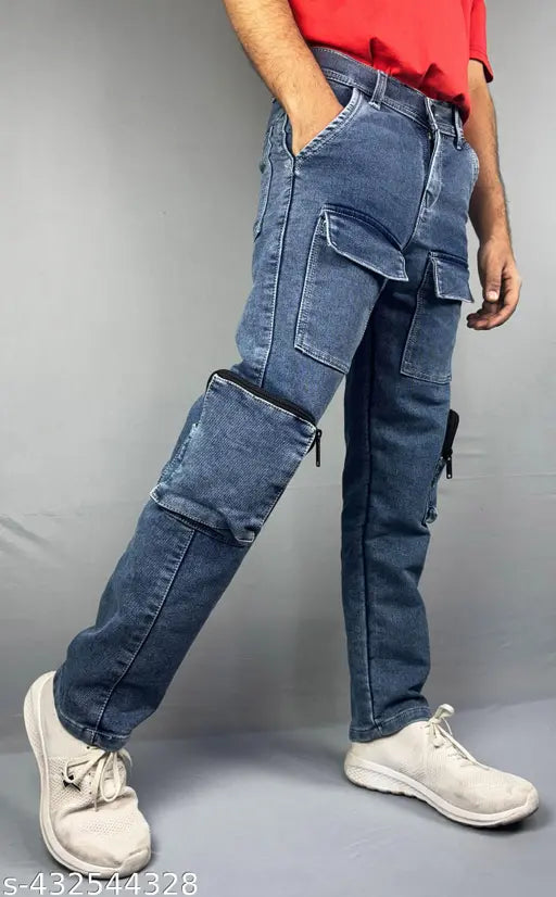Light blue denim baggy cargo jeans for men - durable, six-pocket design with stretch fabric