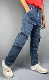 Light blue denim baggy cargo jeans for men - durable, six-pocket design with stretch fabric
