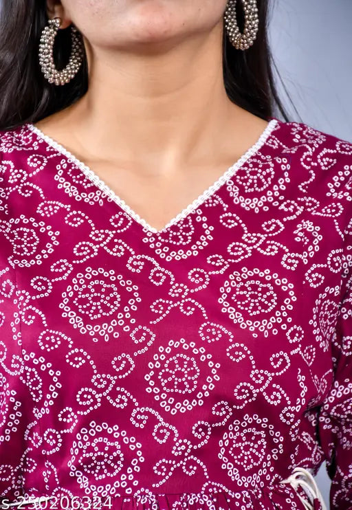 Rayon Nayra Kurta set with palazzo, printed bandhani design for women's fashion, Indian made