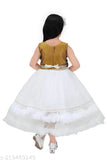 White and gold embellished net frock with 3D flower design, ideal for girls partywear aged 4-10. Indian handcrafted quality