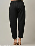 Black cotton casual trousers for women/girls, regular fit, ankle length, pleats detailing, pockets, elasticated back, comfortable for daily use or travel