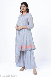 Anarkali suit set in georgette fabric with embroidered dupatta & sharara, single set in M/L/XL size, made in India