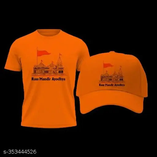 Polycotton Sri Ram Mandir Ayodhya printed t-shirt with adjustable cap, showcasing intricate design of upcoming Hindu temple on Indian soil