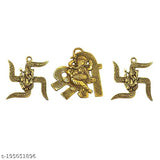 Brass handicraft, 2-lode Ganesh on swastik and 1-lode Ganesh on shree showpiece - traditional Indian art for home decor, exquisite wall hanging with antique look
