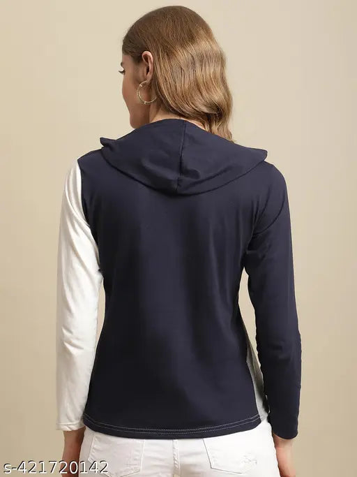 Cotton solid hoodie t-shirt, colorblocked design, long sleeves - women's casual wear, India