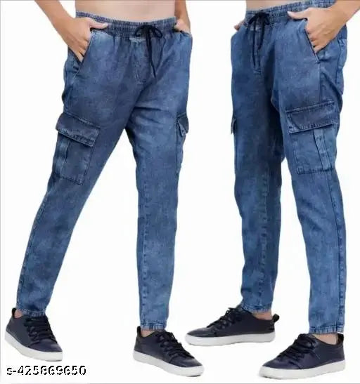 mens denim track pant jogger, solid navy blue denim with drawstring waist and elastic ankle cuffs, size 26, 28, 30, or 32 for men, Indian-made casual wear on model